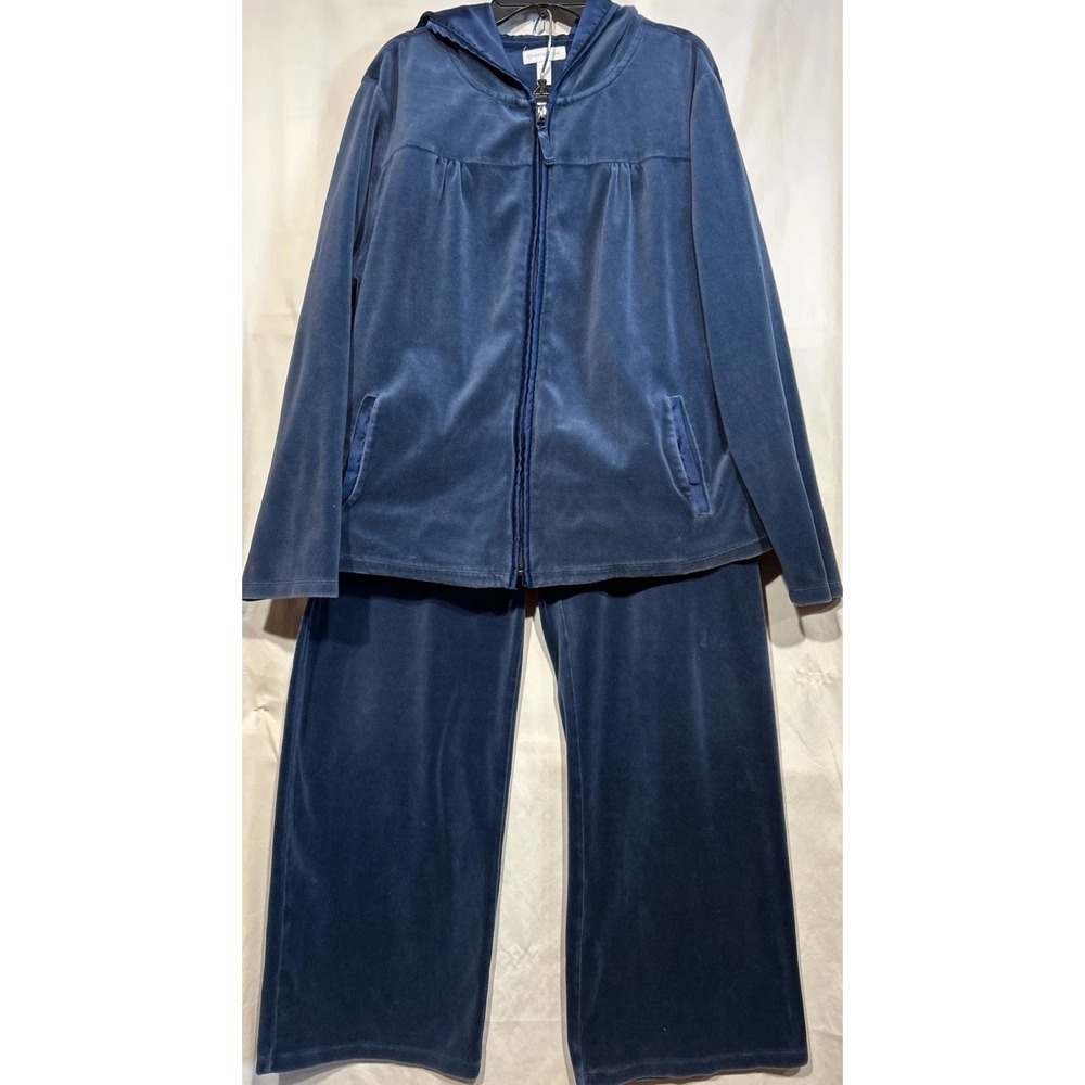 Charter Club Velour Leisure Set Hoodie XL Cotton Blend Tie Waist Full Zip Blue